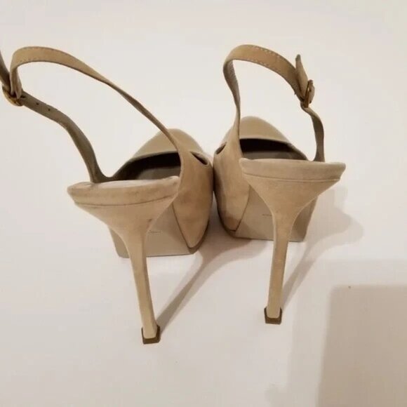 Yves Saint Laurant Tribtoo Embossed Suede Leather Slingback Pumps Heels Beige - Picture 3 of 7